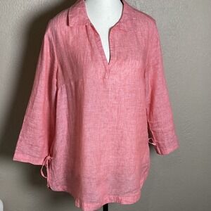 Sigrid Olsen Women's Coral Pink 100% Linen Split Neck Tunic Top, Side Ties Small